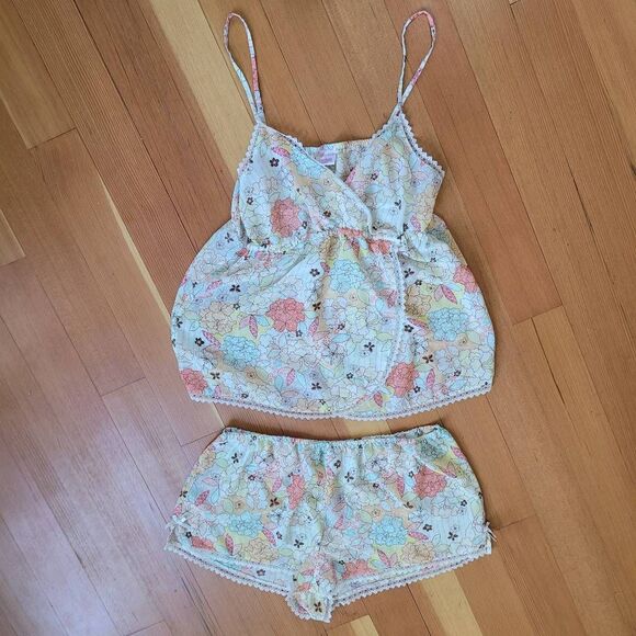 Vintage Tops - Vintage Y2K large floral pajama set babydoll cut top lace details bow boho maxim